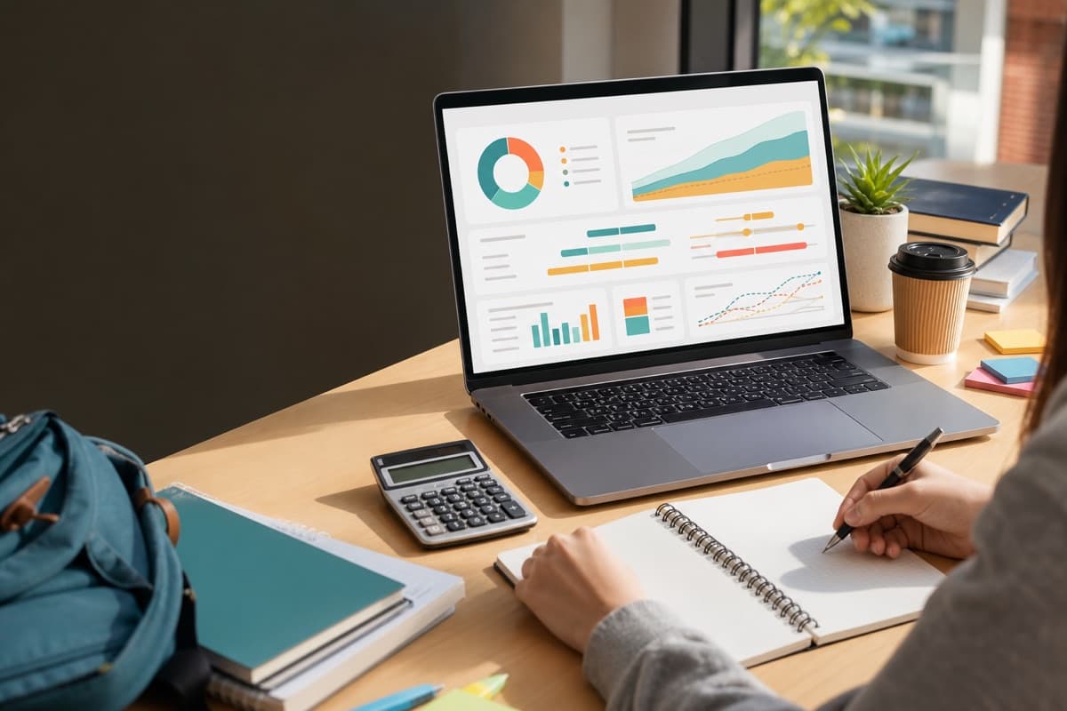 A college student workspace with a laptop showing financial planning charts.